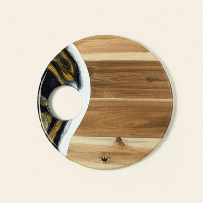 Large Round Acacia Board With Dip Holder SKU: MW-RND-CUP-12-BL,MW-RND-CUP-12-BK,MW-RND-CUP-12-WH,MW-RND-CUP-12-PK,MW-RND-CUP-12-RD,MW-RND-CUP-12-EM,MW-RND-CUP-12-PU